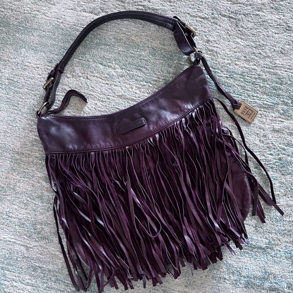 Frye Purse Handbag Fringe Boho Leather Dusty Plum Brass Hardware Shoulder Bag
